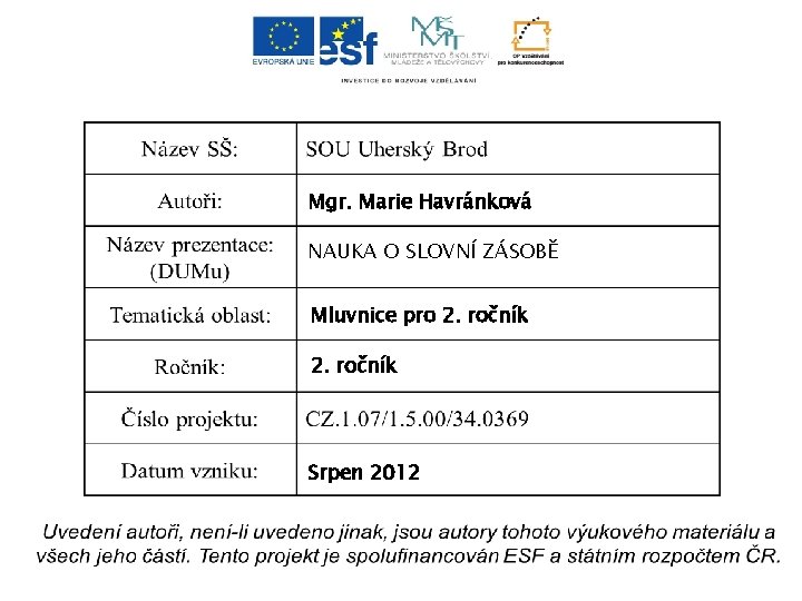 Mgr. Marie Havránková NAUKA O SLOVNÍ ZÁSOBĚ Mluvnice pro 2. ročník Srpen 2012 