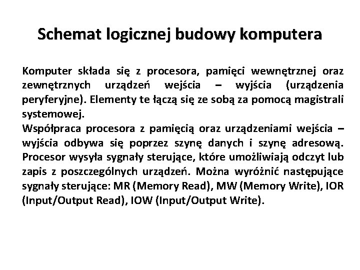 Schemat logicznej budowy komputera Komputer składa się z procesora, pamięci wewnętrznej oraz zewnętrznych urządzeń