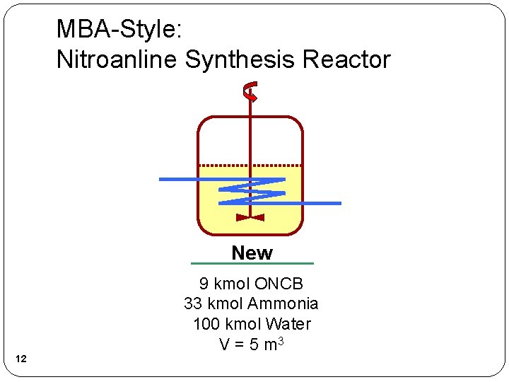 MBA-Style: Nitroanline Synthesis Reactor New 12 9 kmol ONCB 33 kmol Ammonia 100 kmol