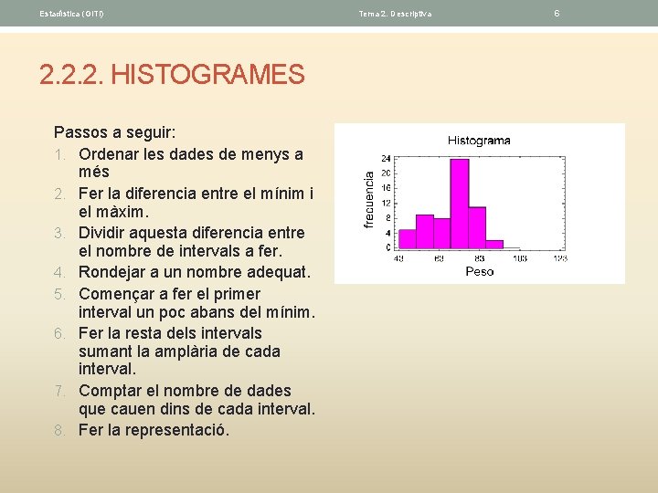 Estadística (GITI) 2. 2. 2. HISTOGRAMES Passos a seguir: 1. Ordenar les dades de