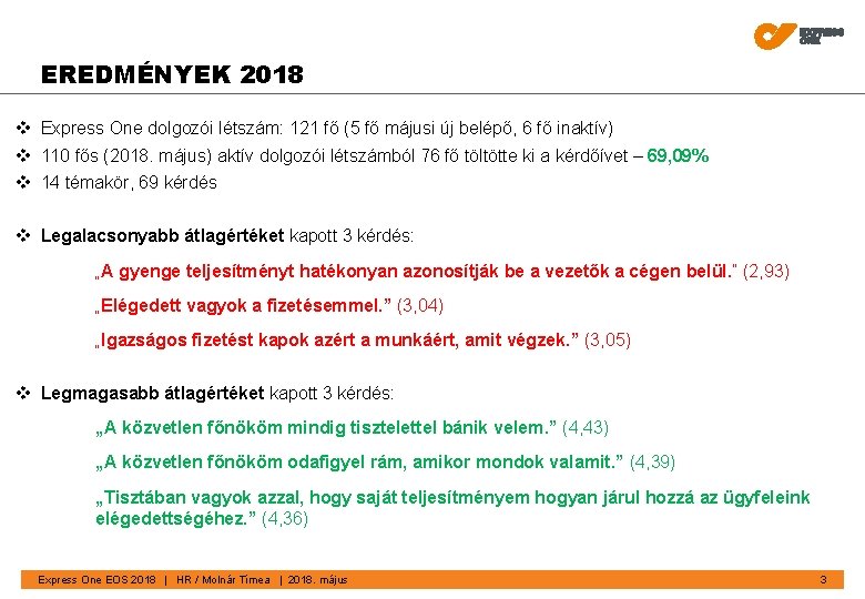 EREDMÉNYEK 2018 v Express One dolgozói létszám: 121 fő (5 fő májusi új belépő,