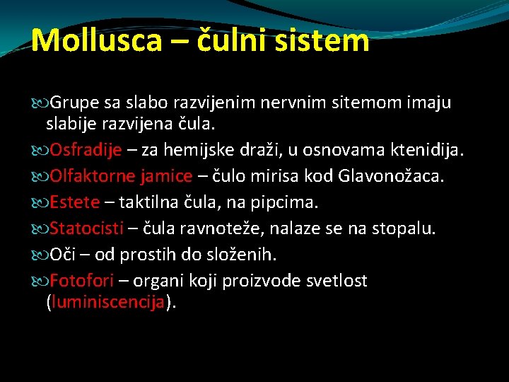 Mollusca – čulni sistem Grupe sa slabo razvijenim nervnim sitemom imaju slabije razvijena čula. Mollusca – čulni sistem Grupe sa slabo razvijenim nervnim sitemom imaju slabije razvijena čula.