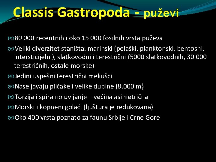 Classis Gastropoda - puževi 80 000 recentnih i oko 15 000 fosilnih vrsta puževa Classis Gastropoda - puževi 80 000 recentnih i oko 15 000 fosilnih vrsta puževa