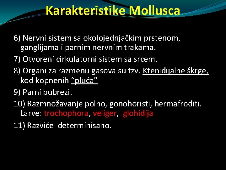 Karakteristike Mollusca 6) Nervni sistem sa okolojednjačkim prstenom, ganglijama i parnim nervnim trakama. 7) Karakteristike Mollusca 6) Nervni sistem sa okolojednjačkim prstenom, ganglijama i parnim nervnim trakama. 7)