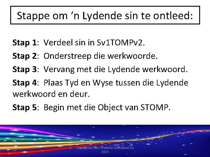 Stappe om ‘n Lydende sin te ontleed: Stap 1: Verdeel sin in Sv 1