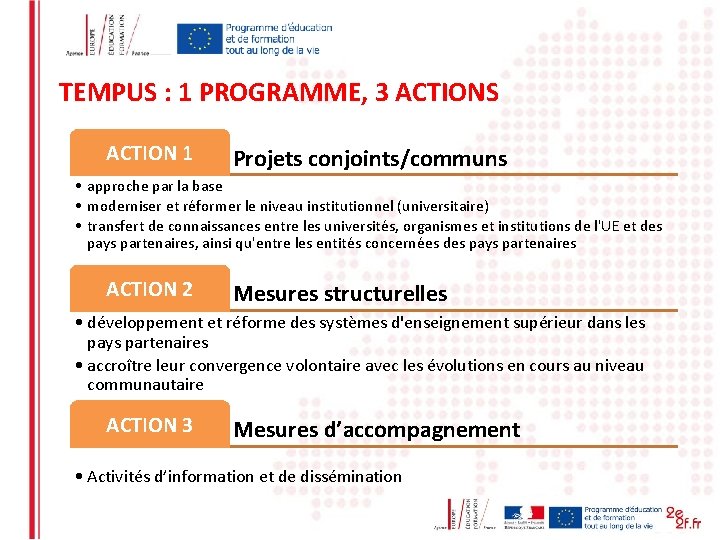 TEMPUS : 1 PROGRAMME, 3 ACTIONS ACTION 1 Projets conjoints/communs • approche par la