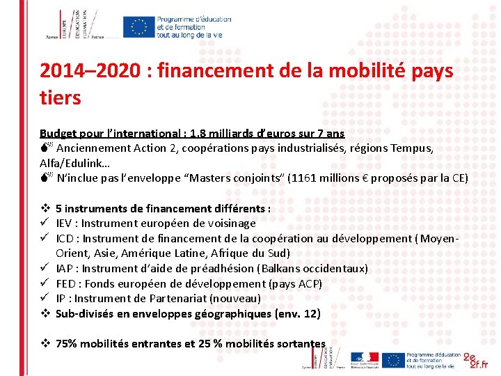 2014– 2020 : financement de la mobilité pays tiers Budget pour l’international : 1,