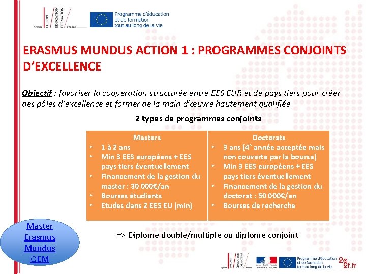 ERASMUS MUNDUS ACTION 1 : PROGRAMMES CONJOINTS D’EXCELLENCE Objectif : favoriser la coopération structurée