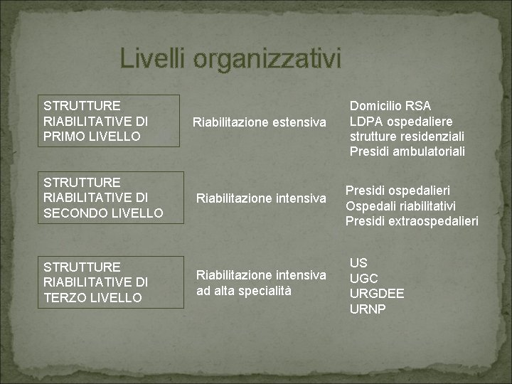 Livelli organizzativi STRUTTURE RIABILITATIVE DI PRIMO LIVELLO STRUTTURE RIABILITATIVE DI SECONDO LIVELLO STRUTTURE RIABILITATIVE