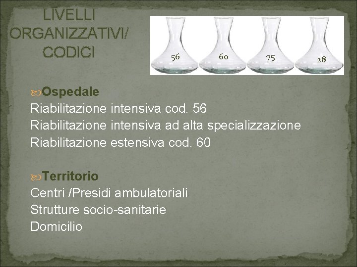 LIVELLI ORGANIZZATIVI/ CODICI 56 60 75 Ospedale Riabilitazione intensiva cod. 56 Riabilitazione intensiva ad