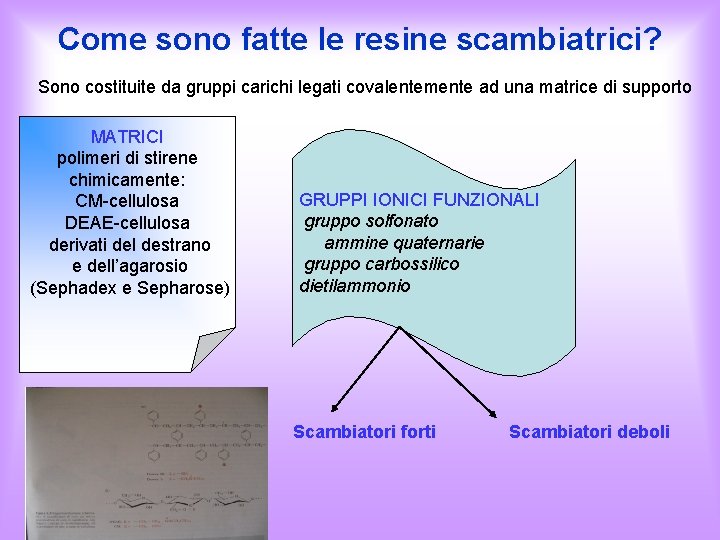 Come sono fatte le resine scambiatrici? Sono costituite da gruppi carichi legati covalentemente ad