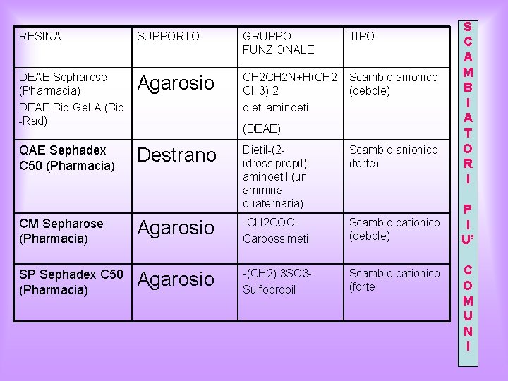 RESINA SUPPORTO GRUPPO FUNZIONALE TIPO DEAE Sepharose (Pharmacia) DEAE Bio-Gel A (Bio -Rad) Agarosio