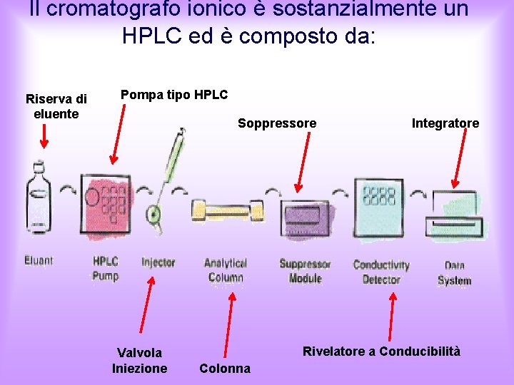 Il cromatografo ionico è sostanzialmente un HPLC ed è composto da: Riserva di eluente