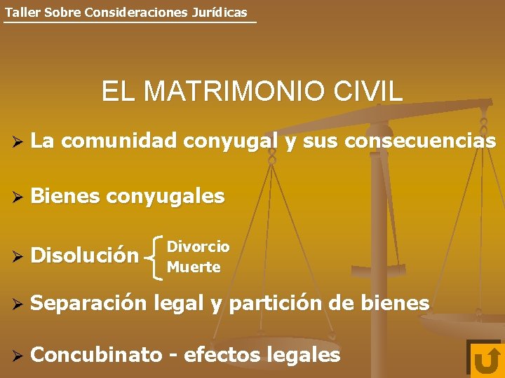 Taller Sobre Consideraciones Jurídicas EL MATRIMONIO CIVIL Ø La comunidad conyugal y sus consecuencias