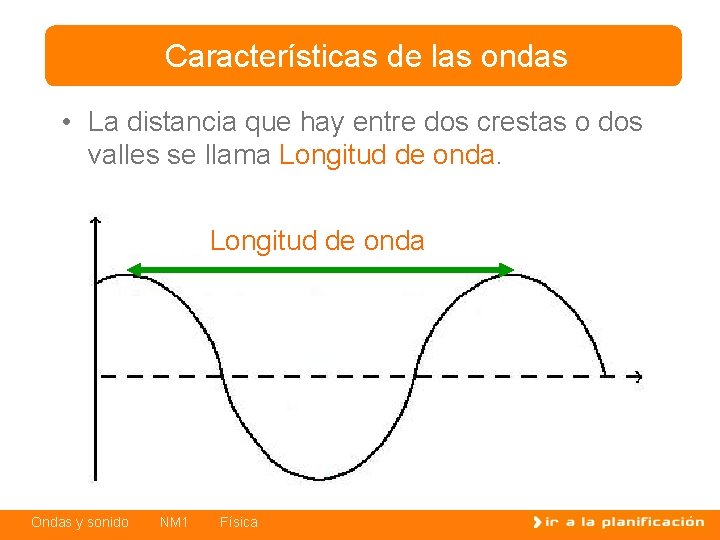 Características de las ondas • La distancia que hay entre dos crestas o dos