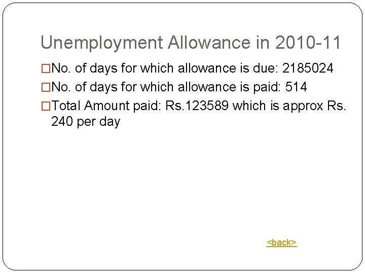 Unemployment Allowance in 2010 -11 �No. of days for which allowance is due: 2185024