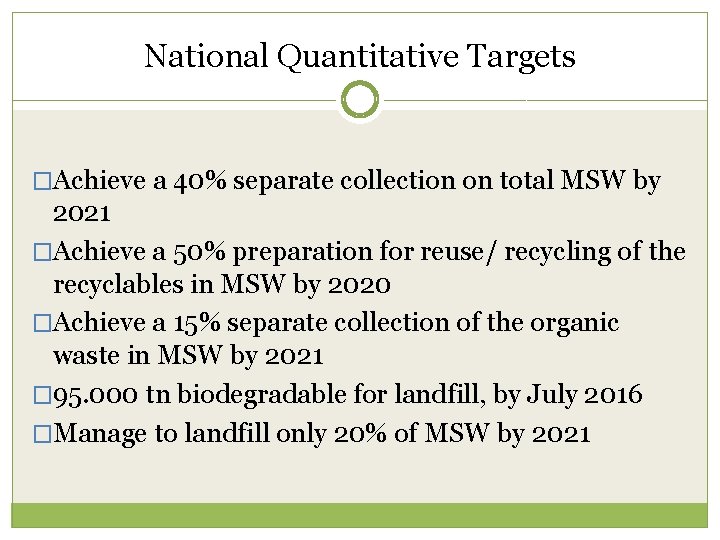 National Quantitative Targets �Achieve a 40% separate collection on total MSW by 2021 �Achieve