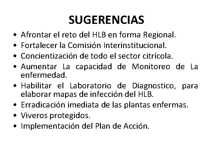 SUGERENCIAS • • Afrontar el reto del HLB en forma Regional. Fortalecer la Comisión SUGERENCIAS • • Afrontar el reto del HLB en forma Regional. Fortalecer la Comisión