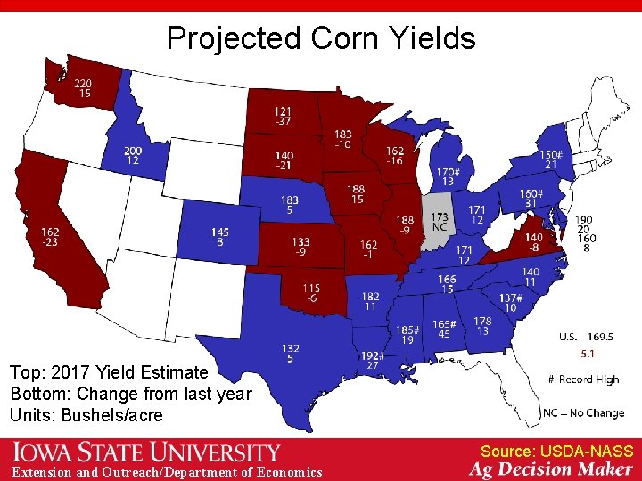 Projected Corn Yields Top: 2017 Yield Estimate Bottom: Change from last year Units: Bushels/acre