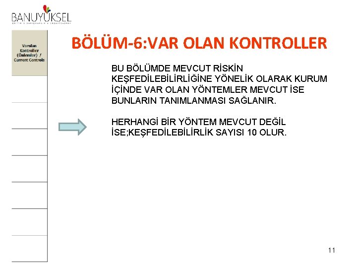 BÖLÜM-6: VAR OLAN KONTROLLER BU BÖLÜMDE MEVCUT RİSKİN KEŞFEDİLEBİLİRLİĞİNE YÖNELİK OLARAK KURUM İÇİNDE VAR BÖLÜM-6: VAR OLAN KONTROLLER BU BÖLÜMDE MEVCUT RİSKİN KEŞFEDİLEBİLİRLİĞİNE YÖNELİK OLARAK KURUM İÇİNDE VAR