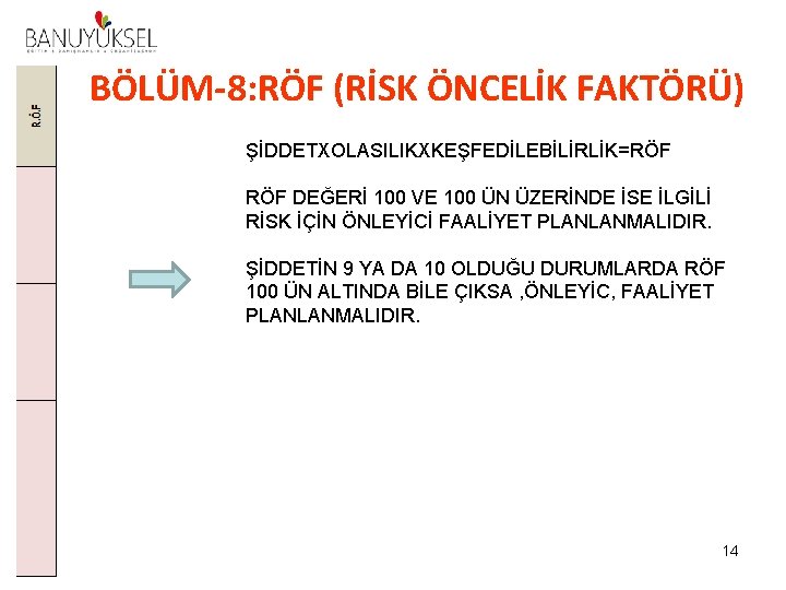BÖLÜM-8: RÖF (RİSK ÖNCELİK FAKTÖRÜ) ŞİDDETXOLASILIKXKEŞFEDİLEBİLİRLİK=RÖF DEĞERİ 100 VE 100 ÜN ÜZERİNDE İSE İLGİLİ BÖLÜM-8: RÖF (RİSK ÖNCELİK FAKTÖRÜ) ŞİDDETXOLASILIKXKEŞFEDİLEBİLİRLİK=RÖF DEĞERİ 100 VE 100 ÜN ÜZERİNDE İSE İLGİLİ