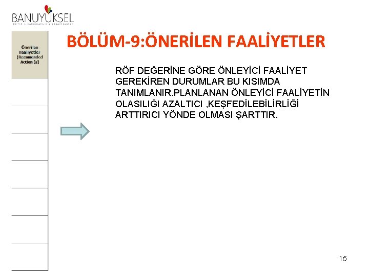 BÖLÜM-9: ÖNERİLEN FAALİYETLER RÖF DEĞERİNE GÖRE ÖNLEYİCİ FAALİYET GEREKİREN DURUMLAR BU KISIMDA TANIMLANIR. PLANLANAN BÖLÜM-9: ÖNERİLEN FAALİYETLER RÖF DEĞERİNE GÖRE ÖNLEYİCİ FAALİYET GEREKİREN DURUMLAR BU KISIMDA TANIMLANIR. PLANLANAN