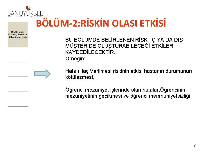 BÖLÜM-2: RİSKİN OLASI ETKİSİ BU BÖLÜMDE BELİRLENEN RİSKİ İÇ YA DA DIŞ MÜŞTERİDE OLUŞTURABİLECEĞİ BÖLÜM-2: RİSKİN OLASI ETKİSİ BU BÖLÜMDE BELİRLENEN RİSKİ İÇ YA DA DIŞ MÜŞTERİDE OLUŞTURABİLECEĞİ