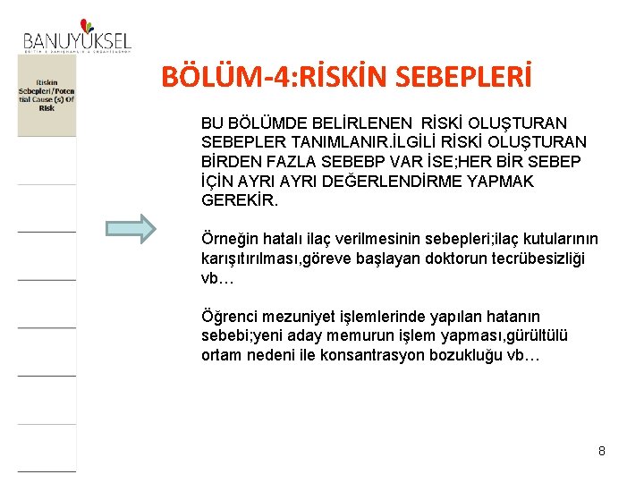 BÖLÜM-4: RİSKİN SEBEPLERİ BU BÖLÜMDE BELİRLENEN RİSKİ OLUŞTURAN SEBEPLER TANIMLANIR. İLGİLİ RİSKİ OLUŞTURAN BİRDEN BÖLÜM-4: RİSKİN SEBEPLERİ BU BÖLÜMDE BELİRLENEN RİSKİ OLUŞTURAN SEBEPLER TANIMLANIR. İLGİLİ RİSKİ OLUŞTURAN BİRDEN