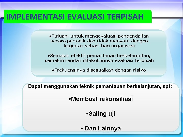 IMPLEMENTASI EVALUASI TERPISAH • Tujuan: untuk mengevaluasi pengendalian secara periodik dan tidak menyatu dengan