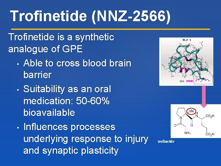 Trofinetide (NNZ-2566) Trofinetide is a synthetic analogue of GPE • Able to cross blood