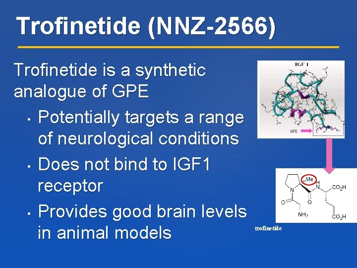 Trofinetide (NNZ-2566) Trofinetide is a synthetic analogue of GPE • Potentially targets a range