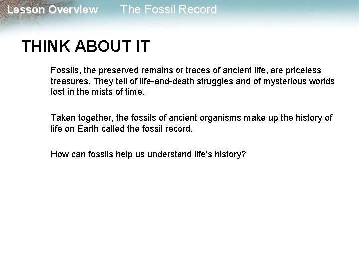 Lesson Overview The Fossil Record THINK ABOUT IT Fossils, the preserved remains or traces