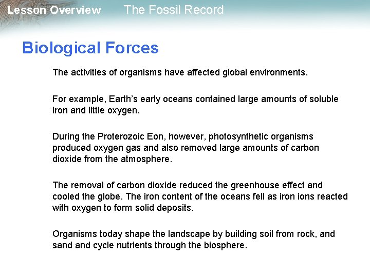 Lesson Overview The Fossil Record Biological Forces The activities of organisms have affected global