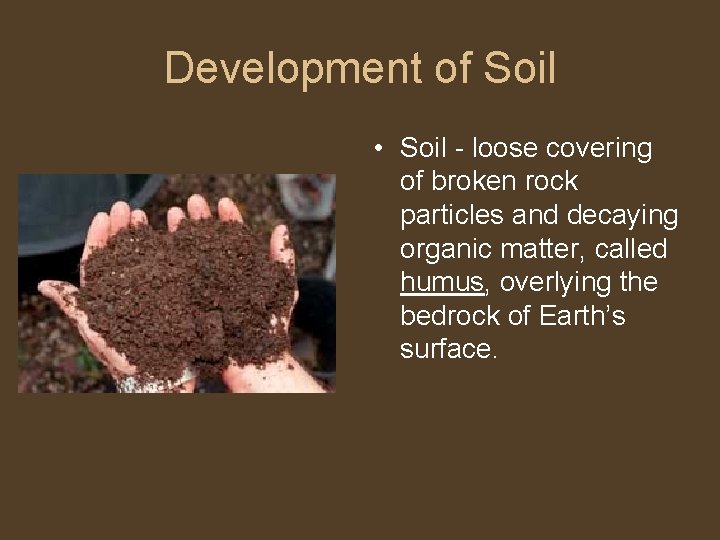 Development of Soil • Soil - loose covering of broken rock particles and decaying