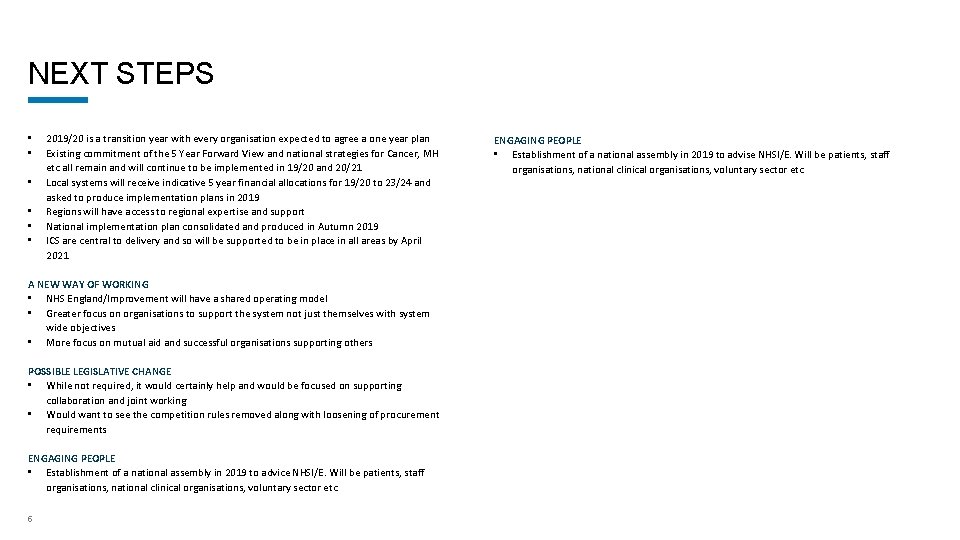 NEXT STEPS • • • 2019/20 is a transition year with every organisation expected
