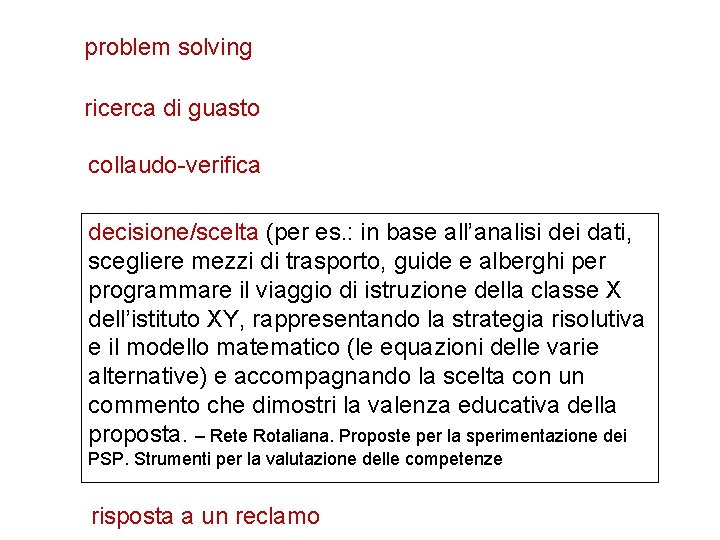 problem solving ricerca di guasto collaudo-verifica decisione/scelta (per es. : in base all’analisi dei