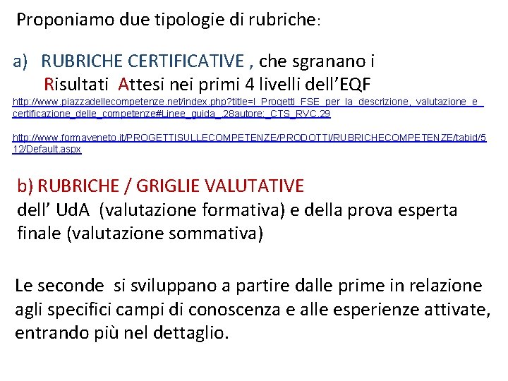 Proponiamo due tipologie di rubriche: a) RUBRICHE CERTIFICATIVE , che sgranano i Risultati Attesi