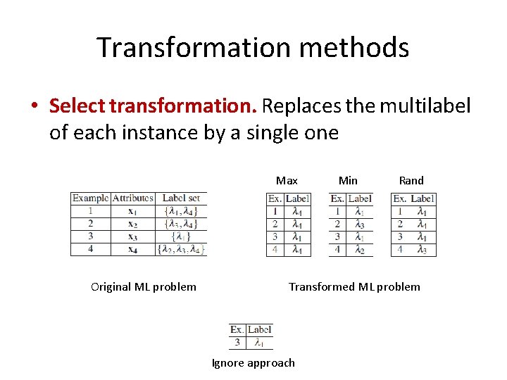Transformation methods • Select transformation. Replaces the multilabel of each instance by a single
