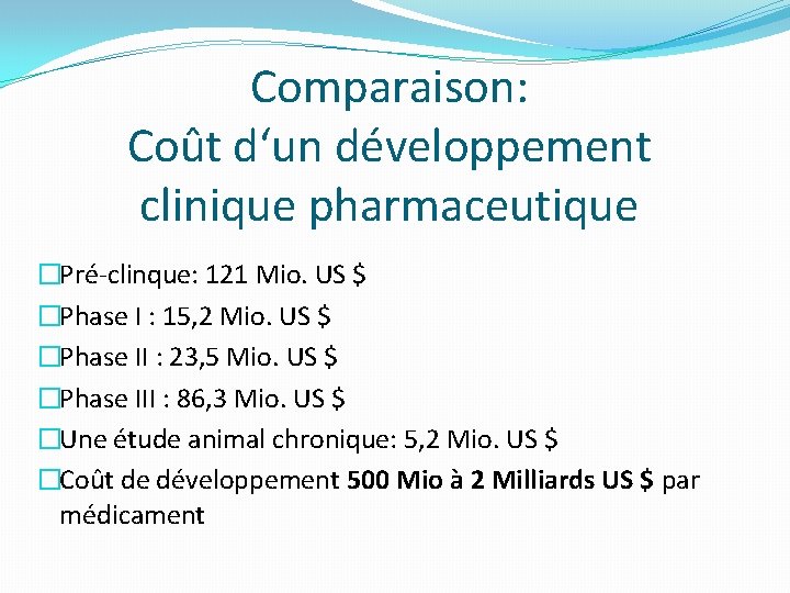 Comparaison: Coût d‘un développement clinique pharmaceutique �Pré-clinque: 121 Mio. US $ �Phase I :