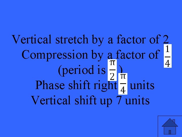 Vertical stretch by a factor of 2 Compression by a factor of (period is