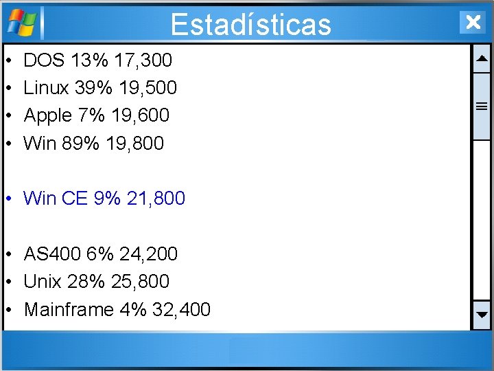 Estadísticas • • DOS 13% 17, 300 Linux 39% 19, 500 Apple 7% 19,