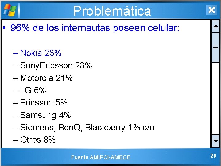 Problemática • 96% de los internautas poseen celular: – Nokia 26% – Sony. Ericsson