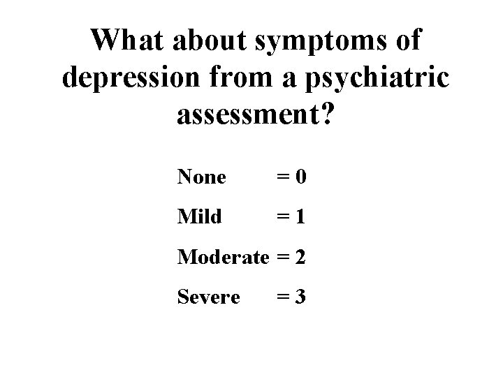 What about symptoms of depression from a psychiatric assessment? None =0 Mild =1 Moderate