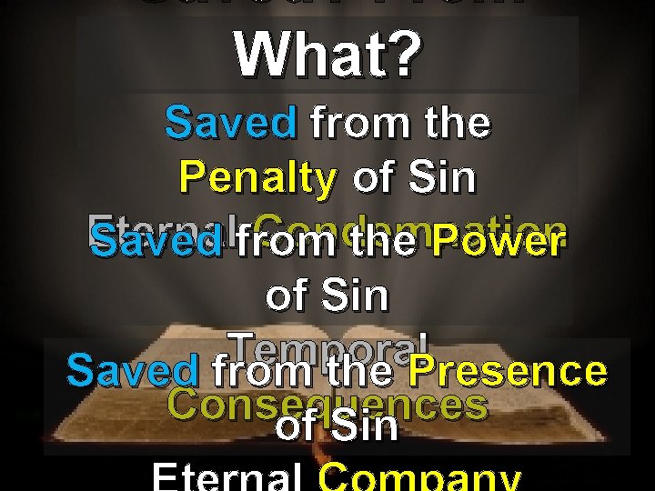 Saved? From What? Saved from the Penalty of Sin Eternal Condemnation Saved from the