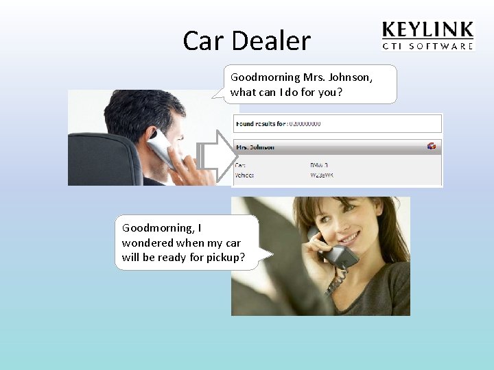 Car Dealer Goodmorning Mrs. Johnson, what can I do for you? Goodmorning, I wondered