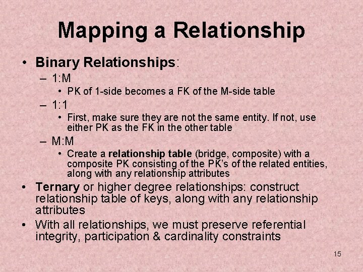 Mapping a Relationship • Binary Relationships: – 1: M • PK of 1 -side