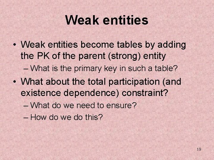 Weak entities • Weak entities become tables by adding the PK of the parent