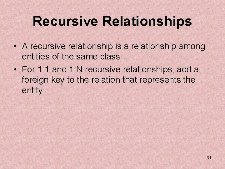 Recursive Relationships • A recursive relationship is a relationship among entities of the same