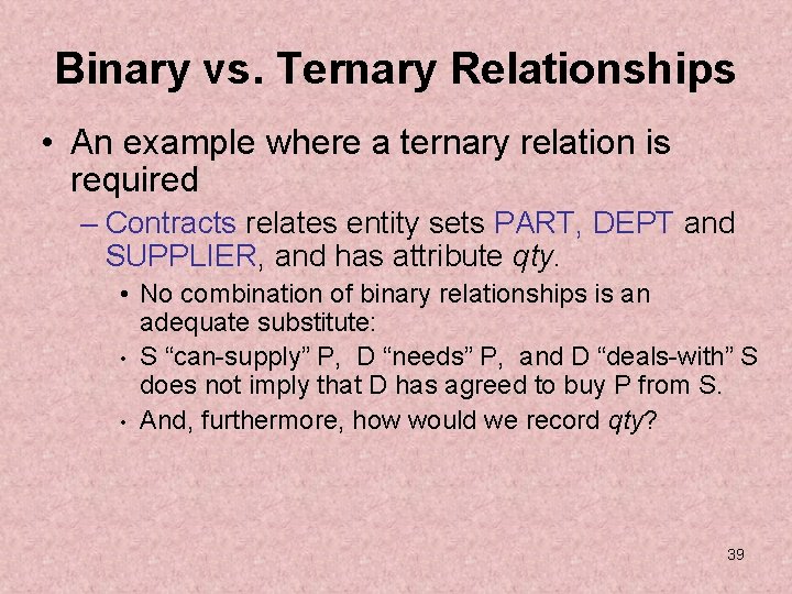 Binary vs. Ternary Relationships • An example where a ternary relation is required –