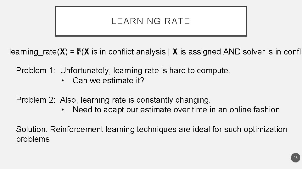 LEARNING RATE learning_rate(X) = ℙ(X is in conflict analysis | X is assigned AND